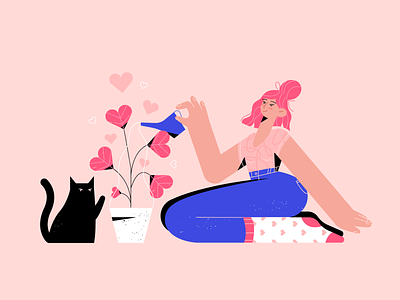 Plant love 2d animation app brush cat character design girl grow illustration illustrator love pet photoshop pink plant valentine valentine day vector