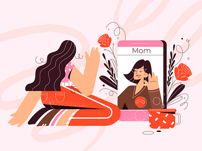 Call your momma 2d brush coffee conversation cup daughter design flowers girl illustration mom mother mothersday phone pink plant roses smartphone sweet video