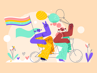 Girls 2d animation balloons bike brush character colorful design flowers fun girls illustration love peace pride rainbow