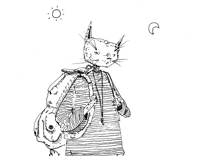 Cat character design illustration ink postcard storytelling traditional