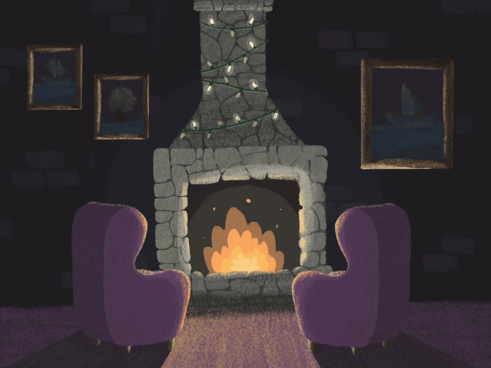 Fireplace evening candle castle chair christmas cozy design digital illustration digitalpainting evening fire fireplace fireside illustration lights paint purple walls warmth