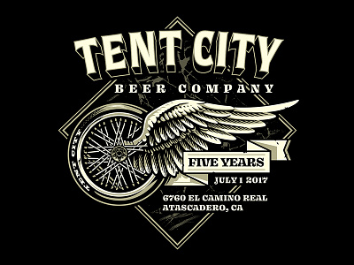 Tent City Five Years beer brewing harley harley davidson hd illustration ink wheel wing