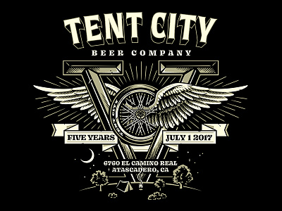 Tent City Five Years beer branding brewing harley harley davidson hd illustration ink poster wheel wing
