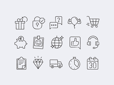 Party Icons balloons branding clean design diamond icon icon set iconography illustration linework minimal monoweight party pig present simple texture ui vector