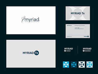 Myriad Tx: Brand Identity Direction #1 animated logo animation brand identity branding business cards cancer colors health layout logo logo design medical pattern poster process shapes treatment typography vector visual identity