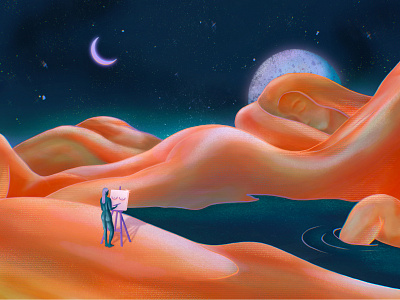 Body Landscape Painting of a Painter art body bold bright character colors digital art environment graphic artist human illustration lake landscape moon mountain nature orange painting procreate texture
