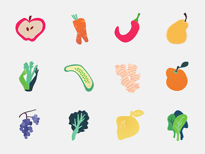 Misshaped Fruit & Veggie Icons color design food fruit iconography icons illustration illustrator quirky silly vector veggies