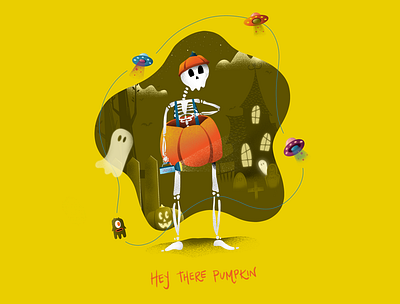 Hey there, Pumpkin aliens cha characterdesign childrensbookillustration color colorful costumes design digital art flashlight forest ghosts halloween haunted illustration pumpkin skeleton texture tombstones ufos