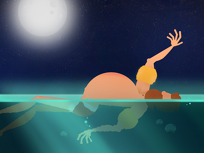 Daddy Island digital flat floaty illustration island jelly fish moon night swimming water