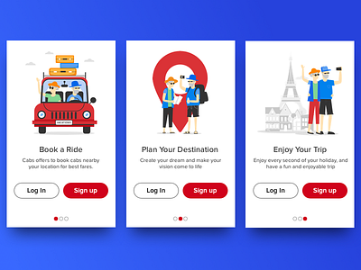User onboarding screen carousal destination holiday login plan ride sign up trip vacation