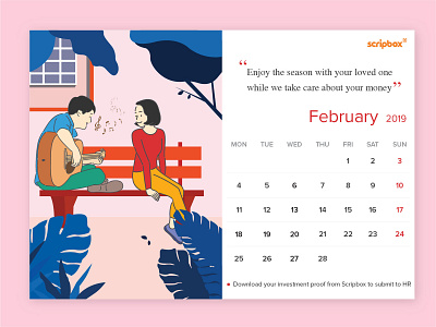 2019 Calendar Design 2019 calender february flat design hand drawn illustration love scripbox