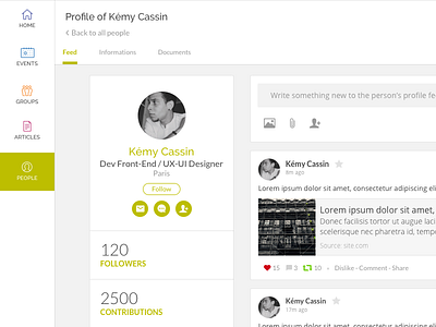 Profile page collaboration events groups interface post production profile social ui web app