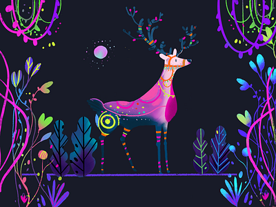 Deer 2020 bright color deer illustration neon night pink procreate tree xmas
