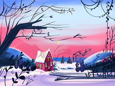Stay home stay safe! forrest home illustration lovely nature pink procreate procreate brushes snow tree winter