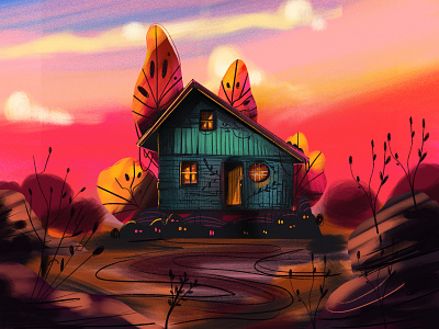 #peachtober - Fall colors editorial fall house illustration inktober peachtober pink procreate spooky tree