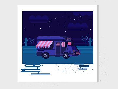 Summer Night - Road Trip flat illustration night pink rv summer travel tree trip truck