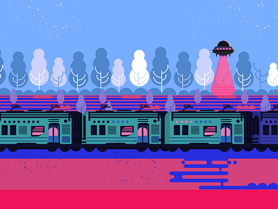 Express Train alien bright form illustration midnight pink sky train travel tree