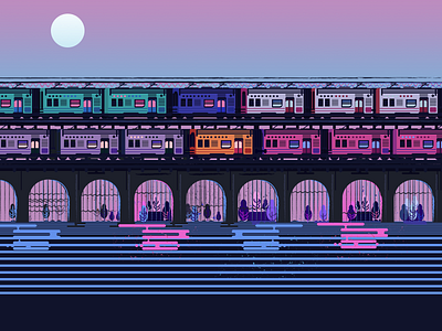 Hey Moon bright colorful express illustration lake moon train travel trip