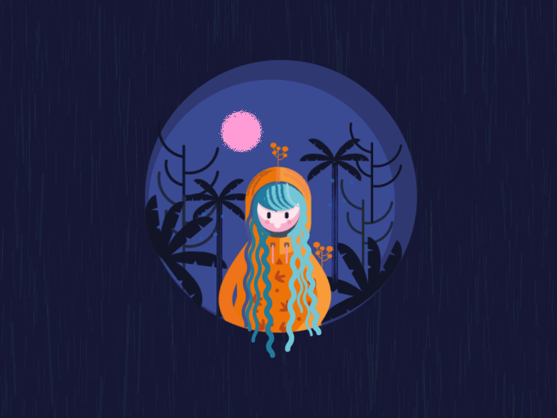 Rain character gif illustration moon motion palm rain rainy tree