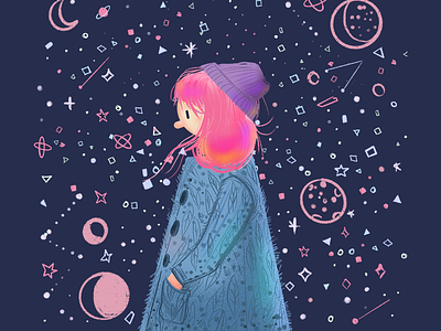 Mercury Retrograde astrology character illustration ipad kawaii moon pink hair stars winter