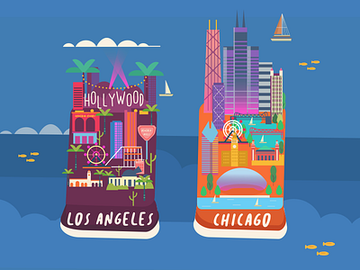 LA | Chicago board board game character chicago editorial flat illustration los angeles ocean thy usa