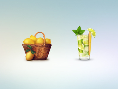 icons for Lemon Project basket glass green ice icons illustration lemon lime mint mojito pen photoshop yellow