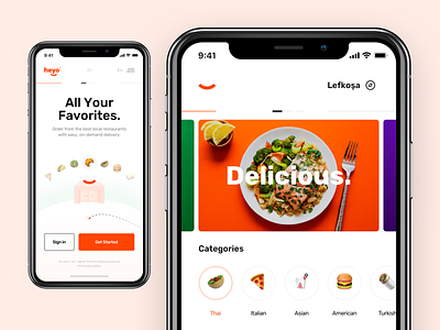 Heyo / Food Delivery App - IOS Screens application basket category cta delivery detail discover food hey ios iphonex landing navigation order product smile taygun ui ux