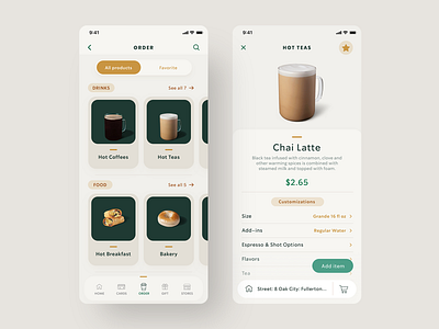 Starbucks - UX/UI Redesign "Order page" add app browse buy checkout coffee design digital discover filter food mobile navigation order sort tabs ui uidesign ux
