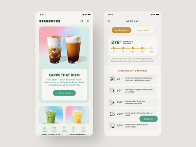 Starbucks - UX/UI Redesign app appdesign coffee design digital drinks ecommerce food invitation mobile mobile ui navigation reward starbucks tabs ui uidesign ux