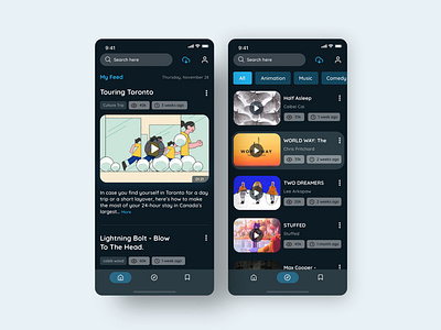 Vimeo Mobile App _ Redesign category dark ui explore feed header library movie navigation profile search search results streaming streaming app tabs ui uidesign upload ux video vimeo