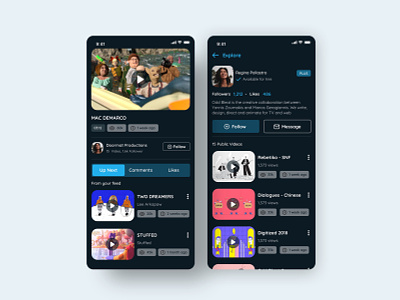 Vimeo Mobile App _ Redesign 02 account amimation appdesign cinema details digital discover explore follow info navigation netflix profile record streaming streaming app tabs ui ux video