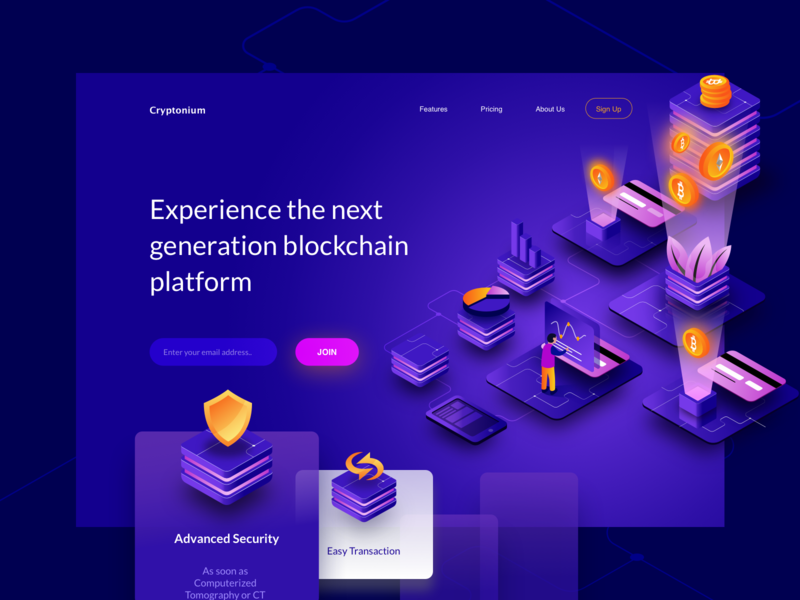 Cryptonium Cryptocurrency Hero mining wallet ethereum bitcoin coin security payment header isometric landing blockchain currency crypto hero illustration