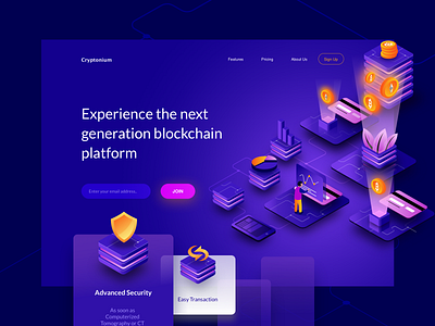 Cryptonium Cryptocurrency Hero bitcoin blockchain coin crypto currency ethereum header hero illustration isometric landing mining payment security wallet