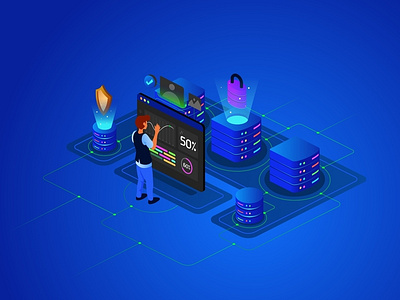 Dashboard Isometric Illustration admin character design illustration internet security server vps web