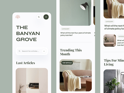 The Banyan Grove Blog Mobile article blog blog post blur cards category feed interface interior minimal mobile product service startup typography ui ux web