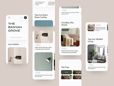 The Banyan Grove Mobile View article blog blur branding cards clean design header hero interface logo minimal mobile post product search service tag typo web