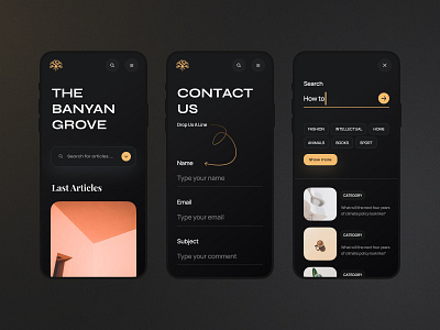 The Banyan Grove | Mobile Blog blog blur clean contacts dark design dropdown filter input interface layout logo menu minimal product search template typo typography web