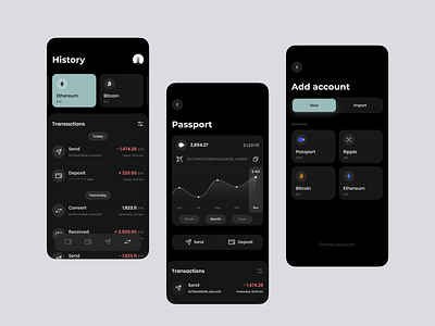 Passport | Cryptocurrency iOS Application account add application calendar cards chart dark datapicker filters history ios layout menu mobile pin profile qr security tabbar transactions