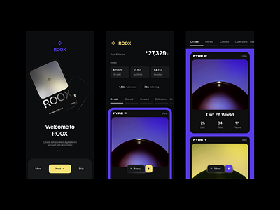 ROOX | NFT Marketplace app application balance crypto currency dashboard defi finance ios management marketplace menu mobile app mobile ui navigation nft onboarding pages product design tool