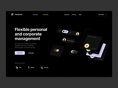 manacore: management app, web design, hero collaboration finance fintech funds hero homepage illustration interface investments invoice landing page project management projects report saas tasks team management visual identity web page website