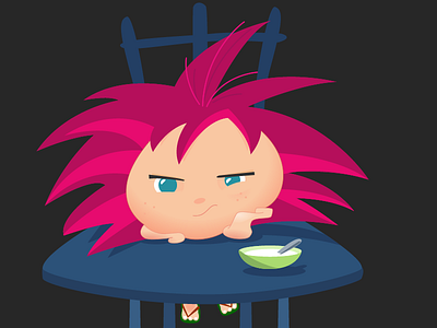 Cute baby furr - not happy for his food cartoon character illustration