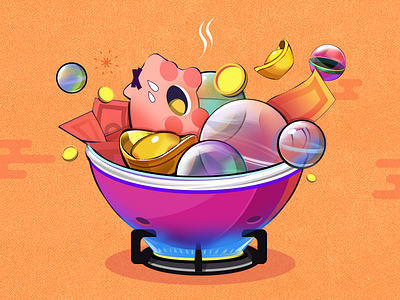 Chafing dish anime bow cash dish fire glass icon painted pig stove