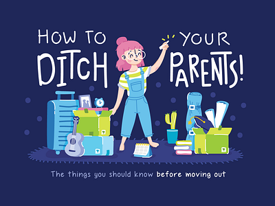 Cover Book "How to Ditch Your Parents!" book character cover girls human illustration moving out people room teen teenagers vector