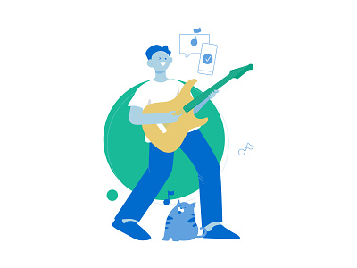 Man playing guitar cat character flat green man sing vector