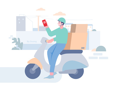 Young male shipper riding motobike on the street Vietnam street app bike design express green happy ideas illustration male man motorbike pastel color rinding ship shipper shipping management street vector vietnam young male