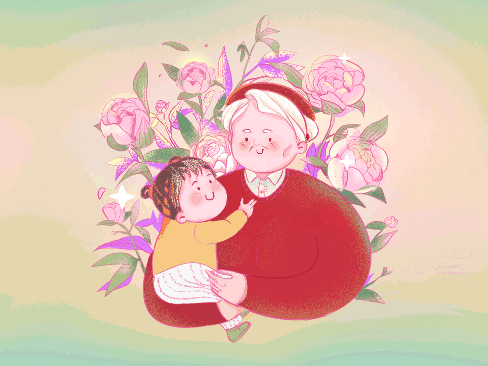 Lovely Moment animation art caring child digital gift grandma grandmother happy hug hugging illustration kid love old people smile