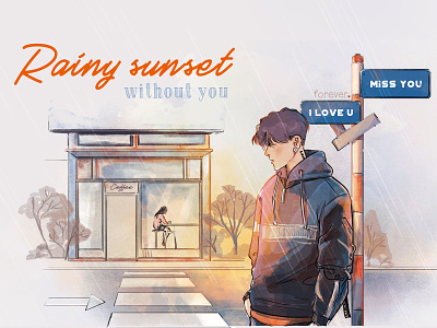 Lonely Sunset alone cover illustration lonely love male miss you rain rainy road signboard sunset watercolor