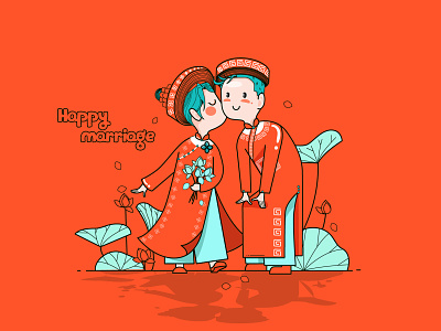 Happy Marriage bride broom couple happy illustration lotus love lover marriage married red traditional