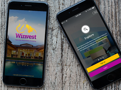 Winvest Real Estate App splash and login screen mockup