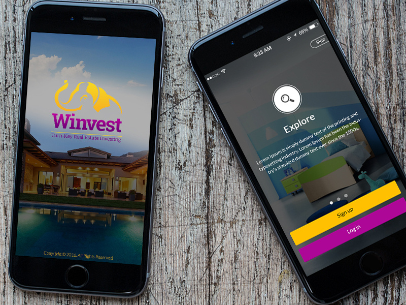 Download Winvest Real Estate App splash and login screen mockup by Amit Omninos Solutions on Dribbble